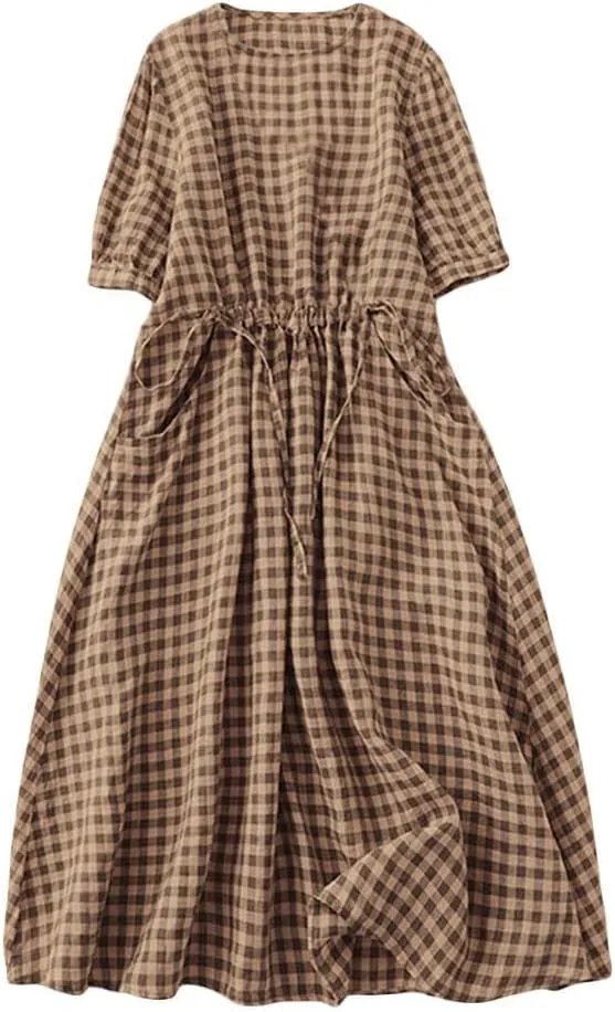 Minibee Women's Cotton Linen Dress Summer Short Sleeve Casual Plaid Flowy A-Line Midi Dresses with Pockets