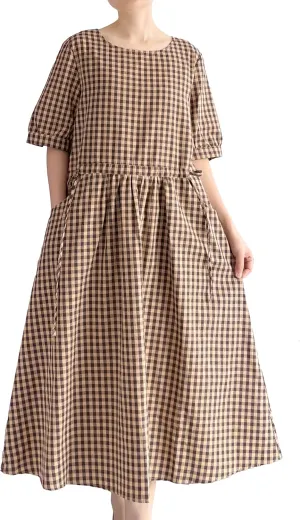 Minibee Women's Cotton Linen Dress Summer Short Sleeve Casual Plaid Flowy A-Line Midi Dresses with Pockets