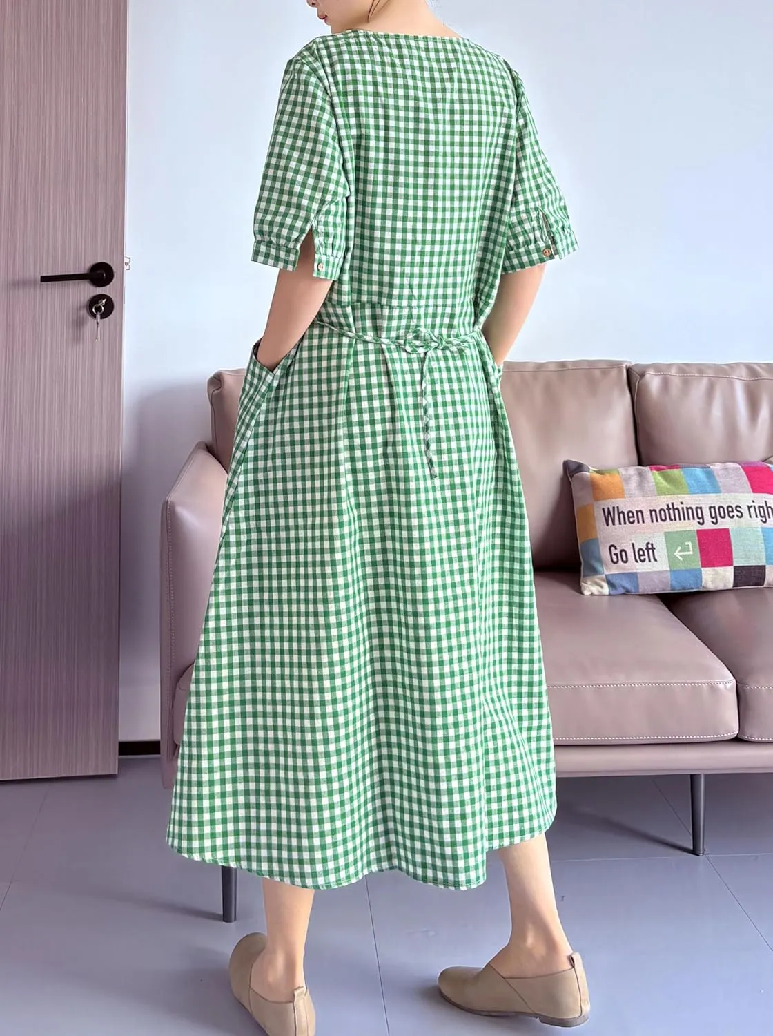 Minibee Women's Cotton Linen Dress Summer Short Sleeve Casual Plaid Flowy A-Line Midi Dresses with Pockets
