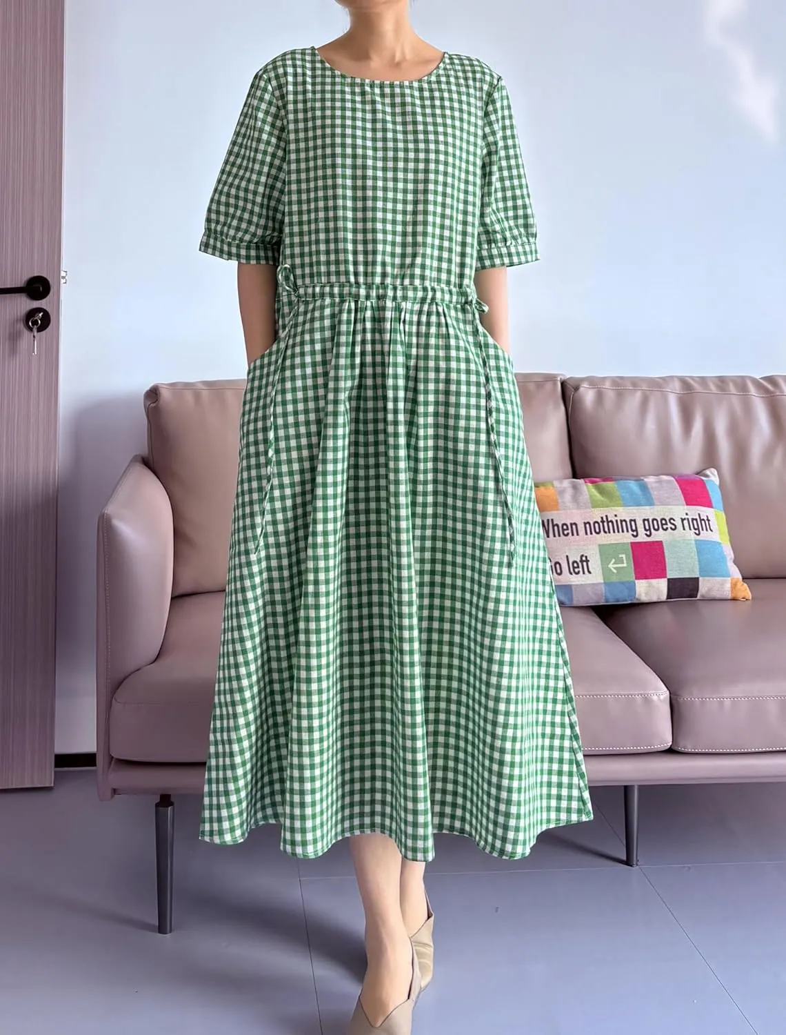Minibee Women's Cotton Linen Dress Summer Short Sleeve Casual Plaid Flowy A-Line Midi Dresses with Pockets