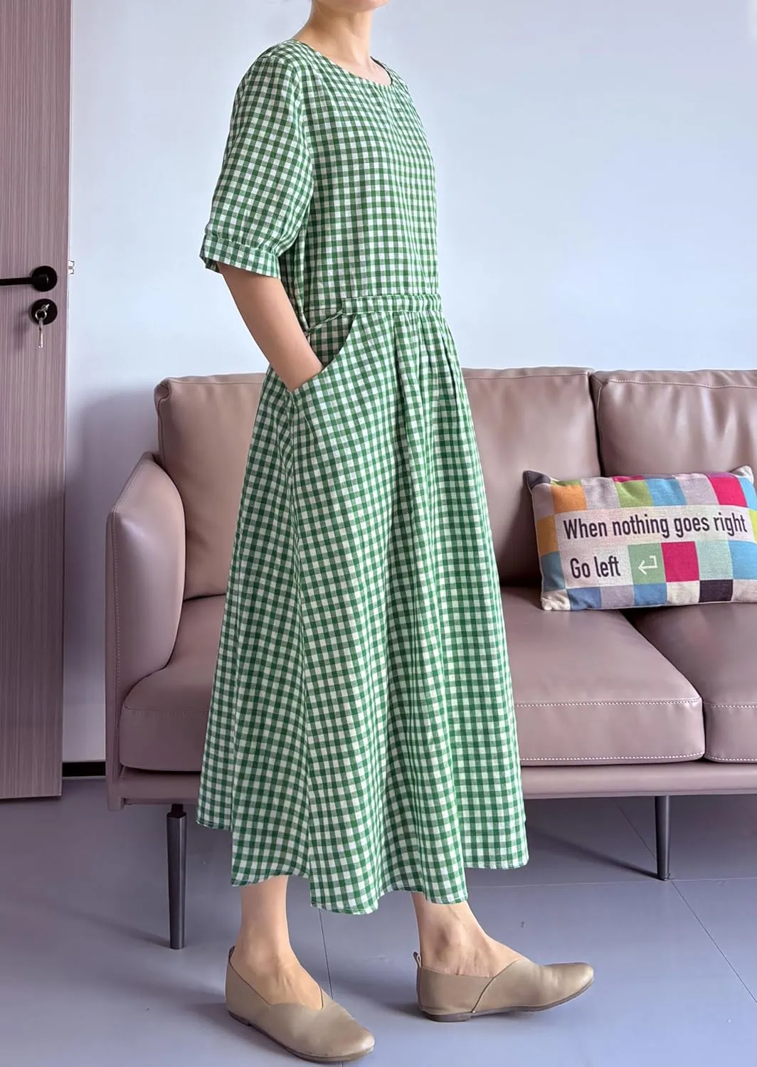 Minibee Women's Cotton Linen Dress Summer Short Sleeve Casual Plaid Flowy A-Line Midi Dresses with Pockets