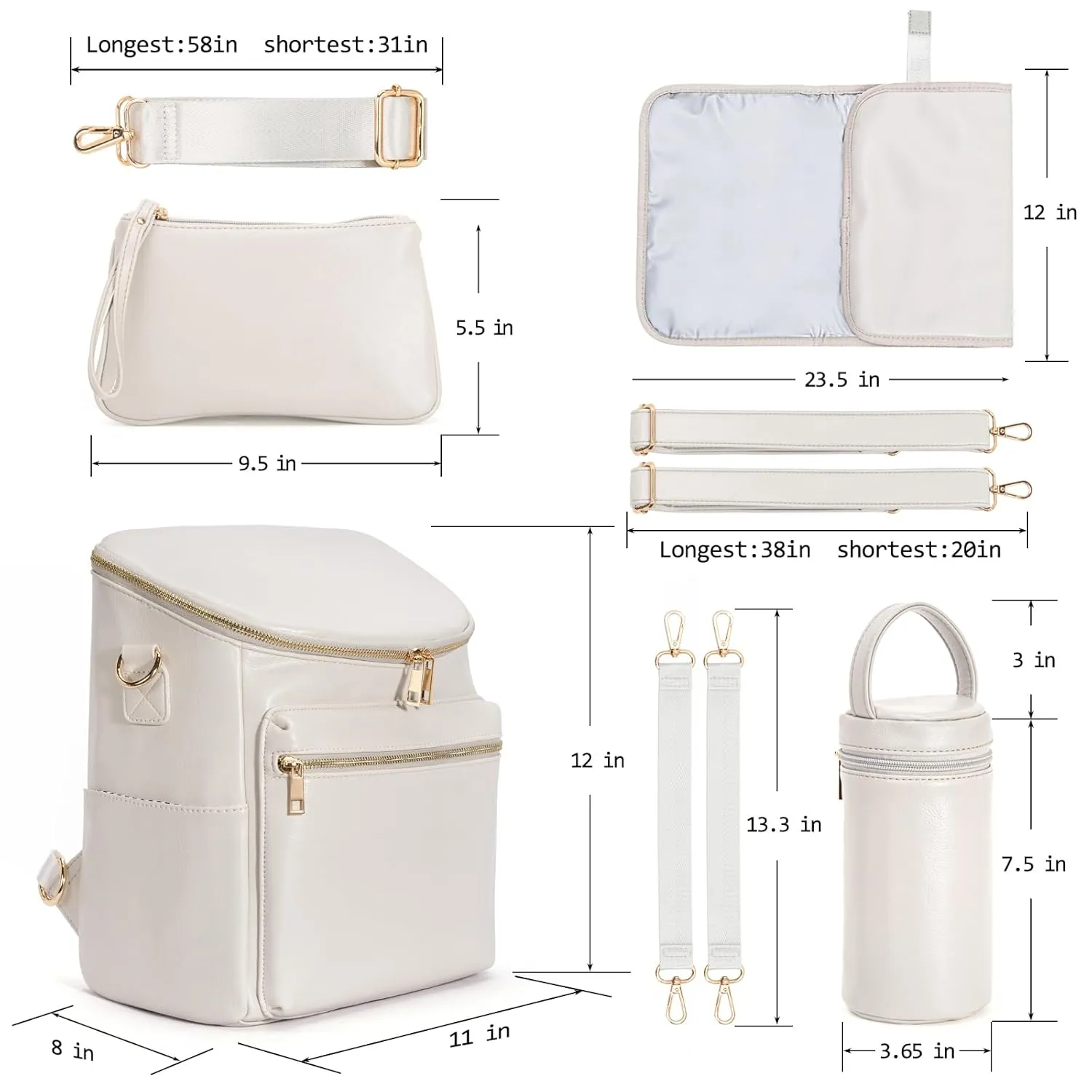Minsong Diaper Bag Backpack, Fashion Leather Mommy Backpacks, Travel Baby Diaper Bags with in Bag Organizer and Changing Pad (Pearl White)