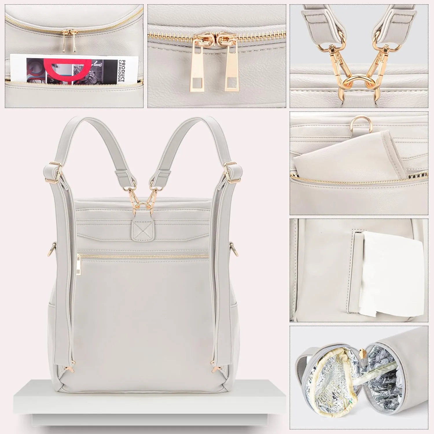 Minsong Diaper Bag Backpack, Fashion Leather Mommy Backpacks, Travel Baby Diaper Bags with in Bag Organizer and Changing Pad (Pearl White)