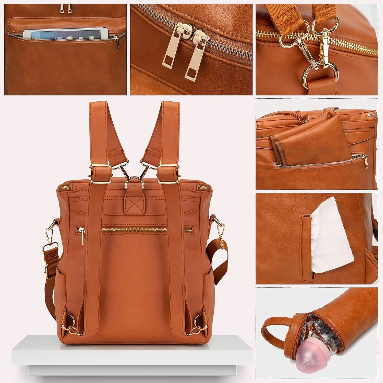 Minsong Diaper Bag Backpack,Fashion Leather Mommy Backpacks,Travel Toddler Baby Diaper Bags with in Bag Organizer and Changing Pad (Brown)