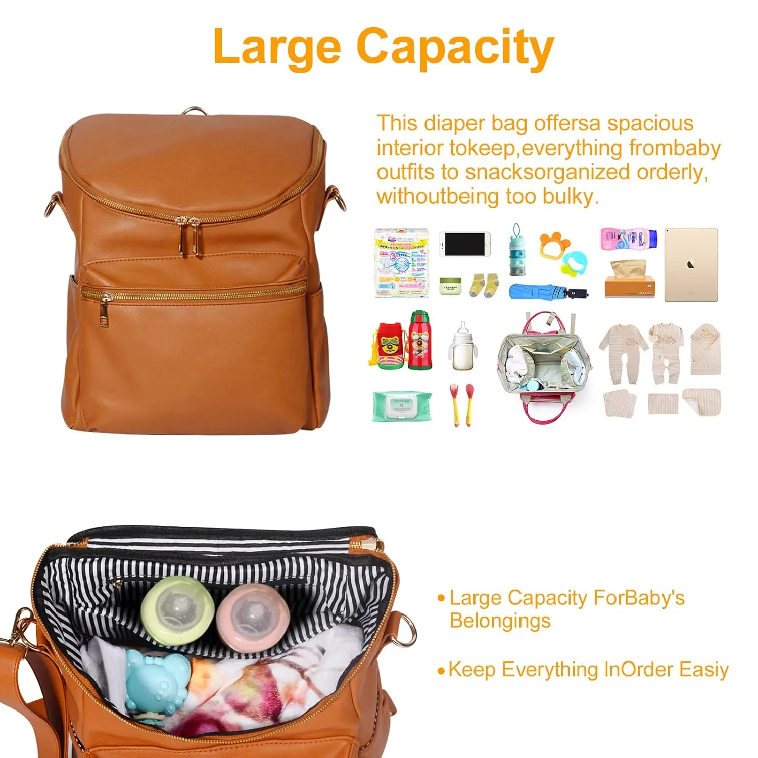 Minsong Diaper Bag Backpack,Fashion Leather Mommy Backpacks,Travel Toddler Baby Diaper Bags with in Bag Organizer and Changing Pad (Brown)