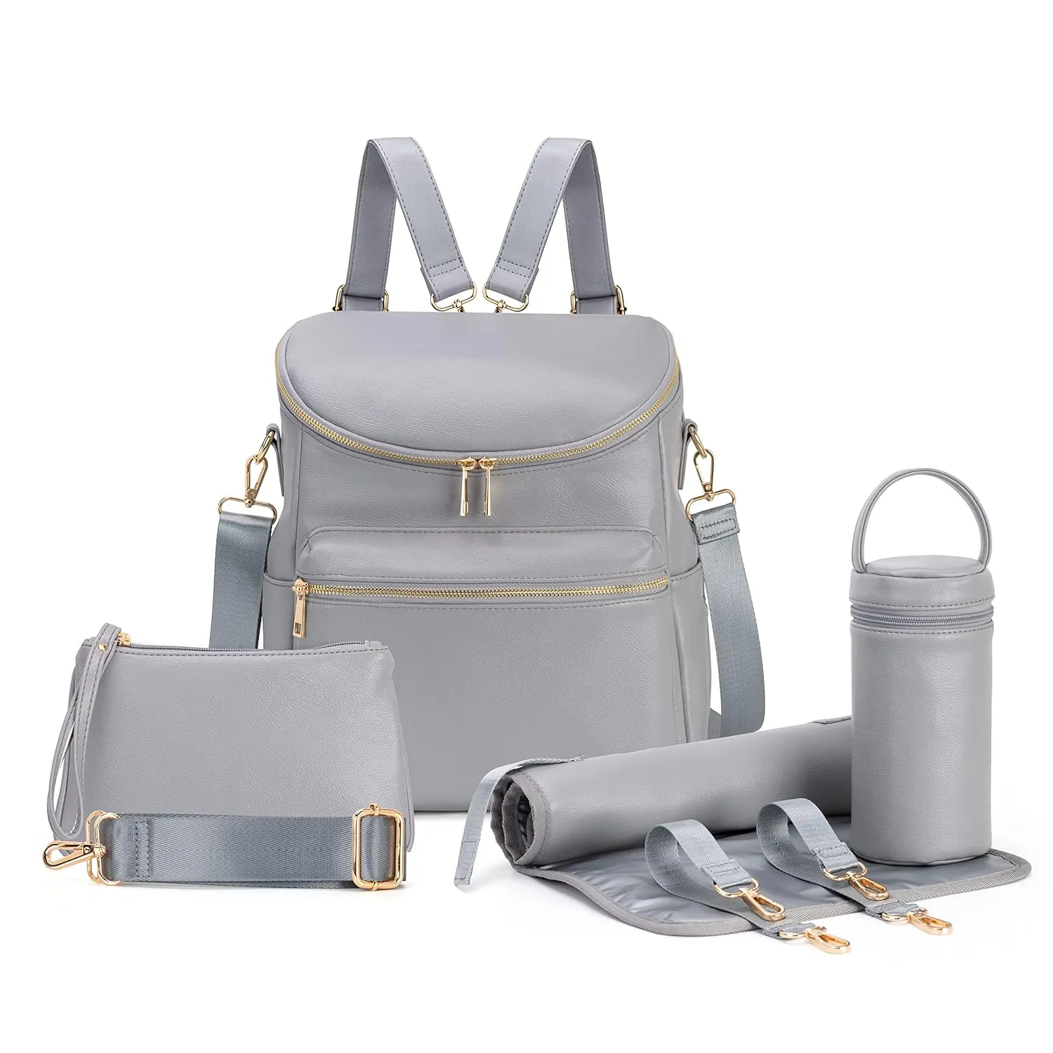 Minsong Diaper Bag Backpack,Fashion Leather Mommy Backpacks,Travel Toddler Baby Diaper Bags with in Bag Organizer and Changing Pad (Dark Grey)