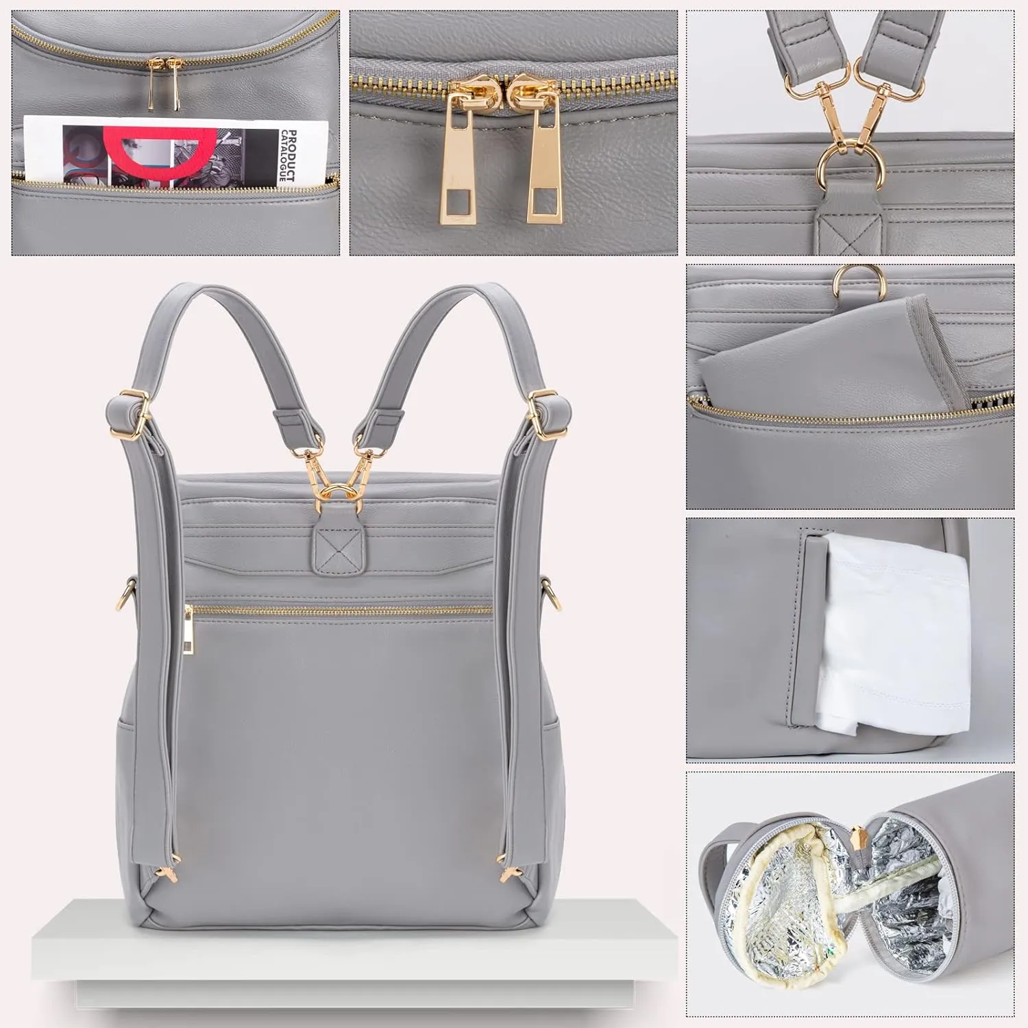 Minsong Diaper Bag Backpack,Fashion Leather Mommy Backpacks,Travel Toddler Baby Diaper Bags with in Bag Organizer and Changing Pad (Dark Grey)