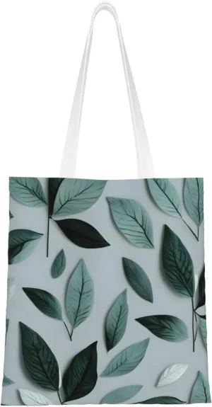 Mint Gray Leaf Print Canvas Tote Bag Reusable Shoulder Shopping Bags For Daily Use Shopping Travel