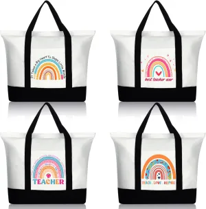 Mixweer 4 Pcs Teacher Appreciation Gifts Bags Teacher Canvas Tote Bags for Women Christmas School Supply(Cute Rainbow)