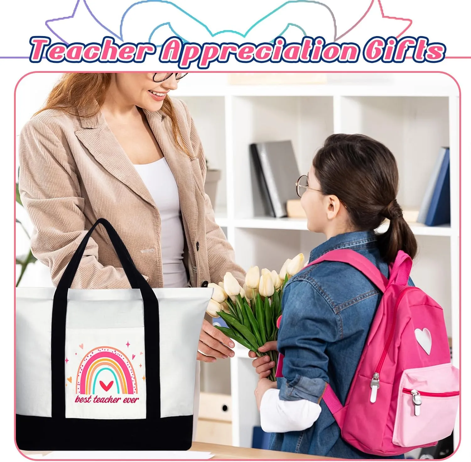 Mixweer 4 Pcs Teacher Appreciation Gifts Bags Teacher Canvas Tote Bags for Women Christmas School Supply(Cute Rainbow)