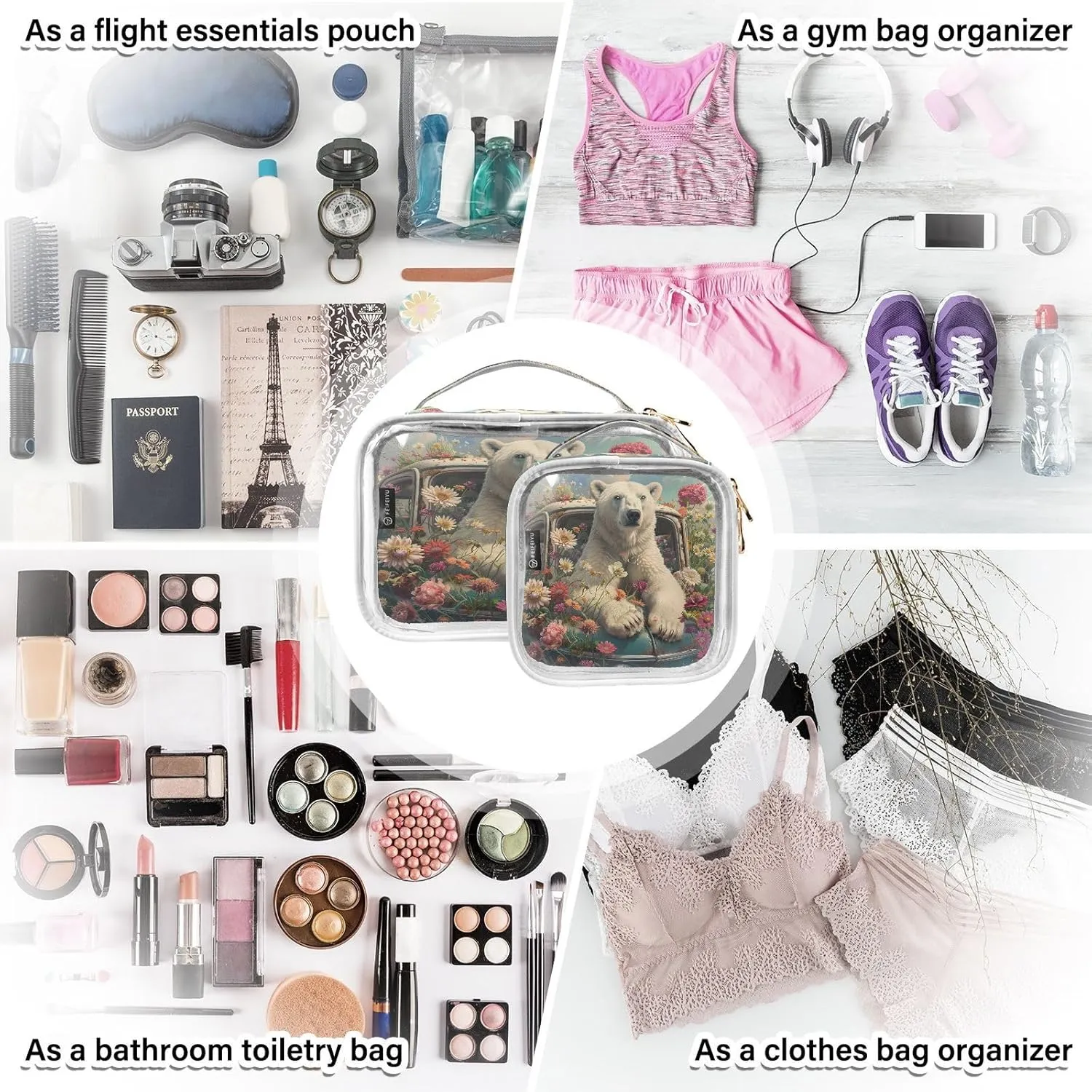 MNSRUU Clear Makeup Bags Bear Sits in A Car Full Of Flowers Toiletry Bag for Women 2 PCS Waterproof Clear Bags Clear Travel Toiletry Bag Small Cosmetic Makeup Bag, Carry on Airport Airline