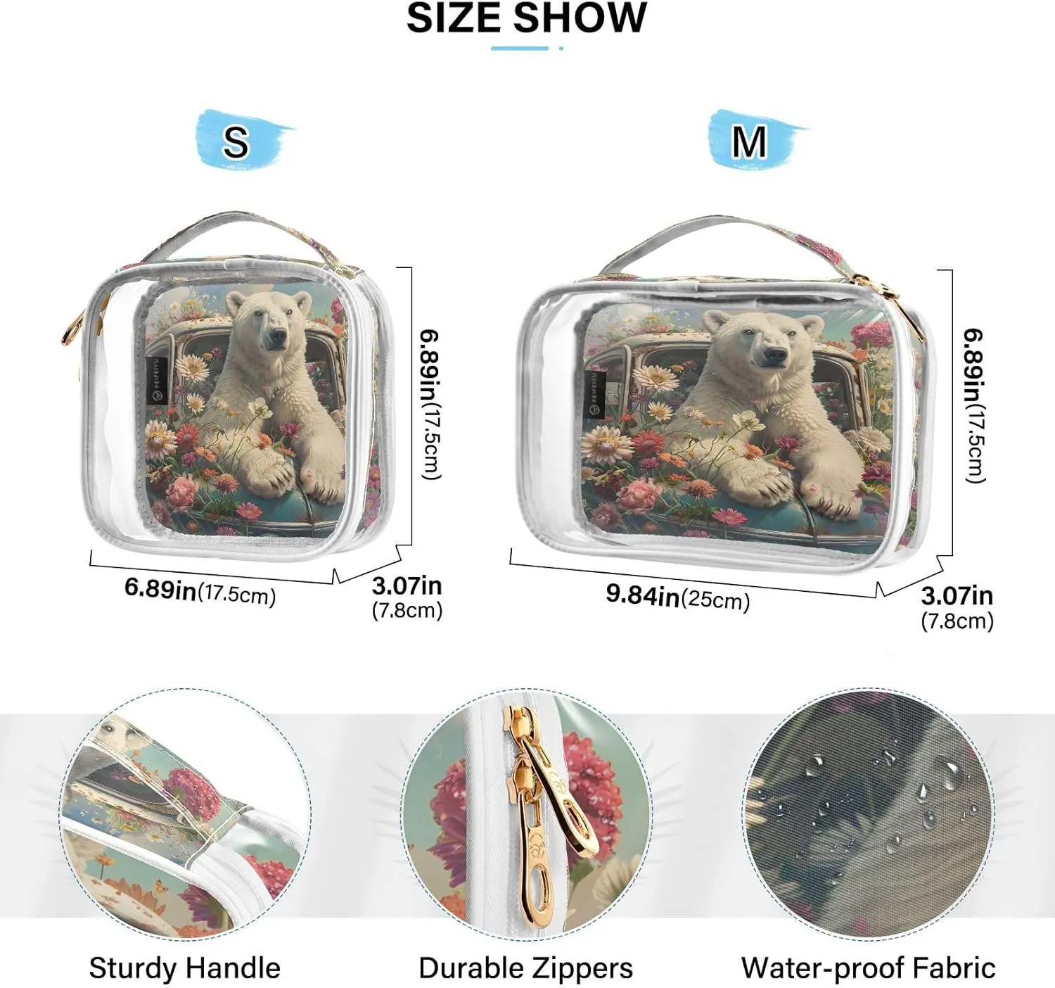 MNSRUU Clear Makeup Bags Bear Sits in A Car Full Of Flowers Toiletry Bag for Women 2 PCS Waterproof Clear Bags Clear Travel Toiletry Bag Small Cosmetic Makeup Bag, Carry on Airport Airline