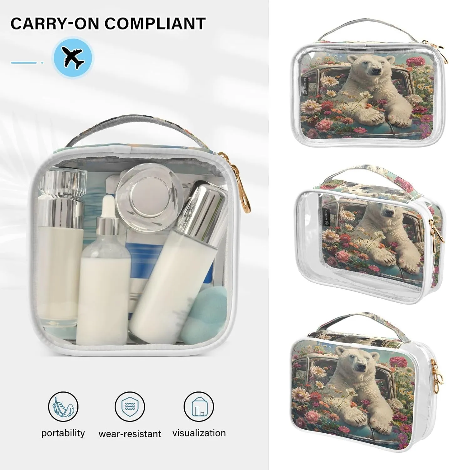 MNSRUU Clear Makeup Bags Bear Sits in A Car Full Of Flowers Toiletry Bag for Women 2 PCS Waterproof Clear Bags Clear Travel Toiletry Bag Small Cosmetic Makeup Bag, Carry on Airport Airline