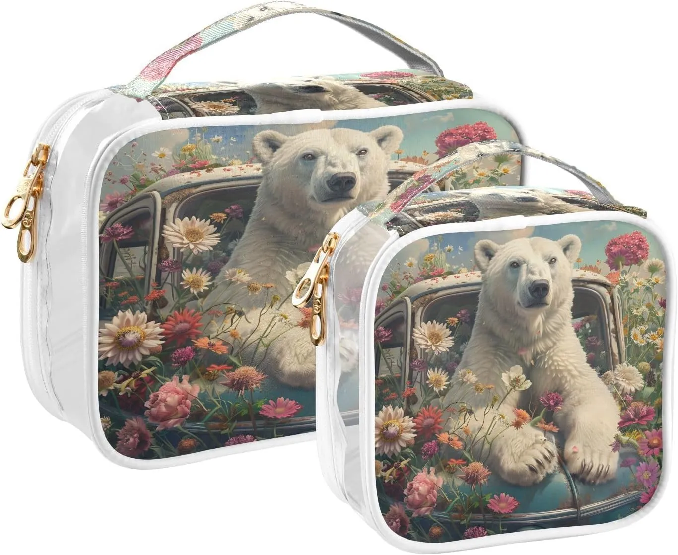 MNSRUU Clear Makeup Bags Bear Sits in A Car Full Of Flowers Toiletry Bag for Women 2 PCS Waterproof Clear Bags Clear Travel Toiletry Bag Small Cosmetic Makeup Bag, Carry on Airport Airline