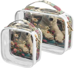 MNSRUU Clear Makeup Bags Bear Sits in A Car Full Of Flowers Toiletry Bag for Women 2 PCS Waterproof Clear Bags Clear Travel Toiletry Bag Small Cosmetic Makeup Bag, Carry on Airport Airline