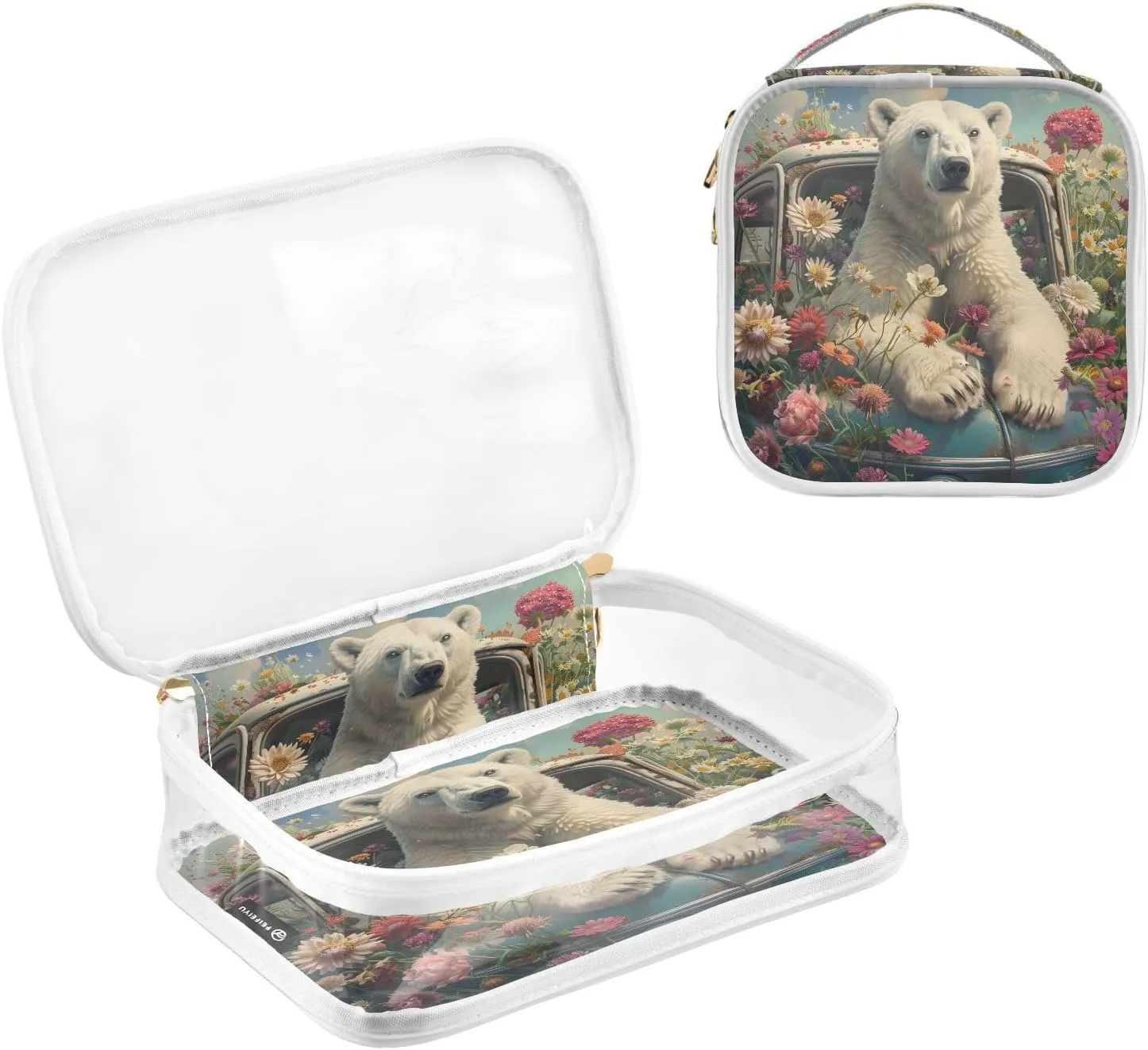 MNSRUU Clear Makeup Bags Bear Sits in A Car Full Of Flowers Toiletry Bag for Women 2 PCS Waterproof Clear Bags Clear Travel Toiletry Bag Small Cosmetic Makeup Bag, Carry on Airport Airline