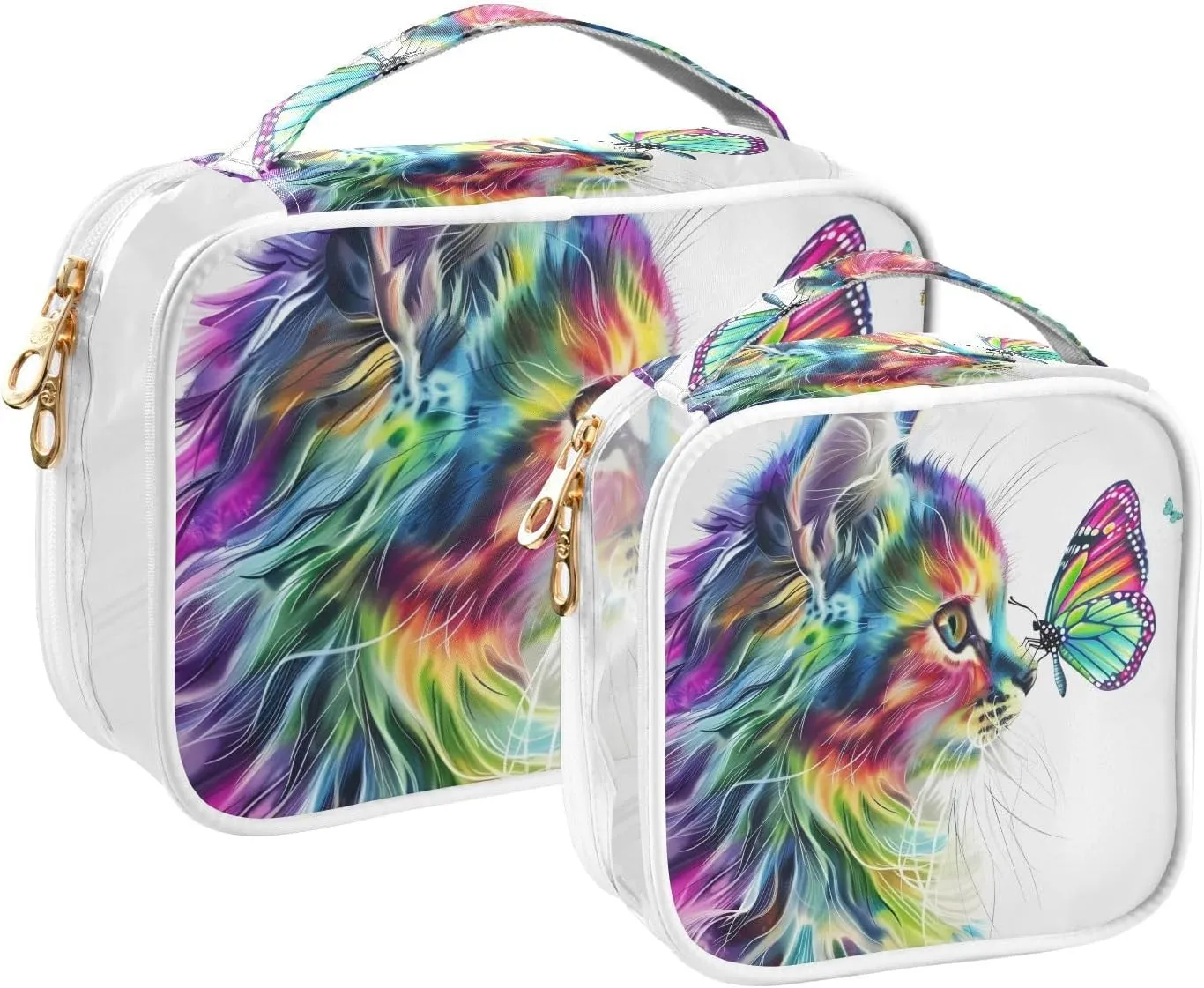 MNSRUU Clear Makeup Bags Cat Of Multiple Colors Staring at Butterfly Toiletry Bag for Women 2 PCS Waterproof Clear Bags Clear Travel Toiletry Bag Small Cosmetic Makeup Bag, Carry on Airport Airline