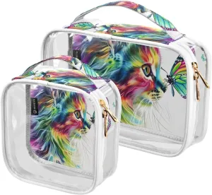 MNSRUU Clear Makeup Bags Cat Of Multiple Colors Staring at Butterfly Toiletry Bag for Women 2 PCS Waterproof Clear Bags Clear Travel Toiletry Bag Small Cosmetic Makeup Bag, Carry on Airport Airline