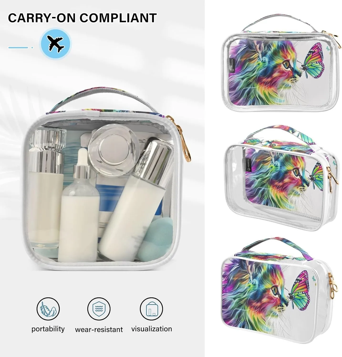 MNSRUU Clear Makeup Bags Cat Of Multiple Colors Staring at Butterfly Toiletry Bag for Women 2 PCS Waterproof Clear Bags Clear Travel Toiletry Bag Small Cosmetic Makeup Bag, Carry on Airport Airline