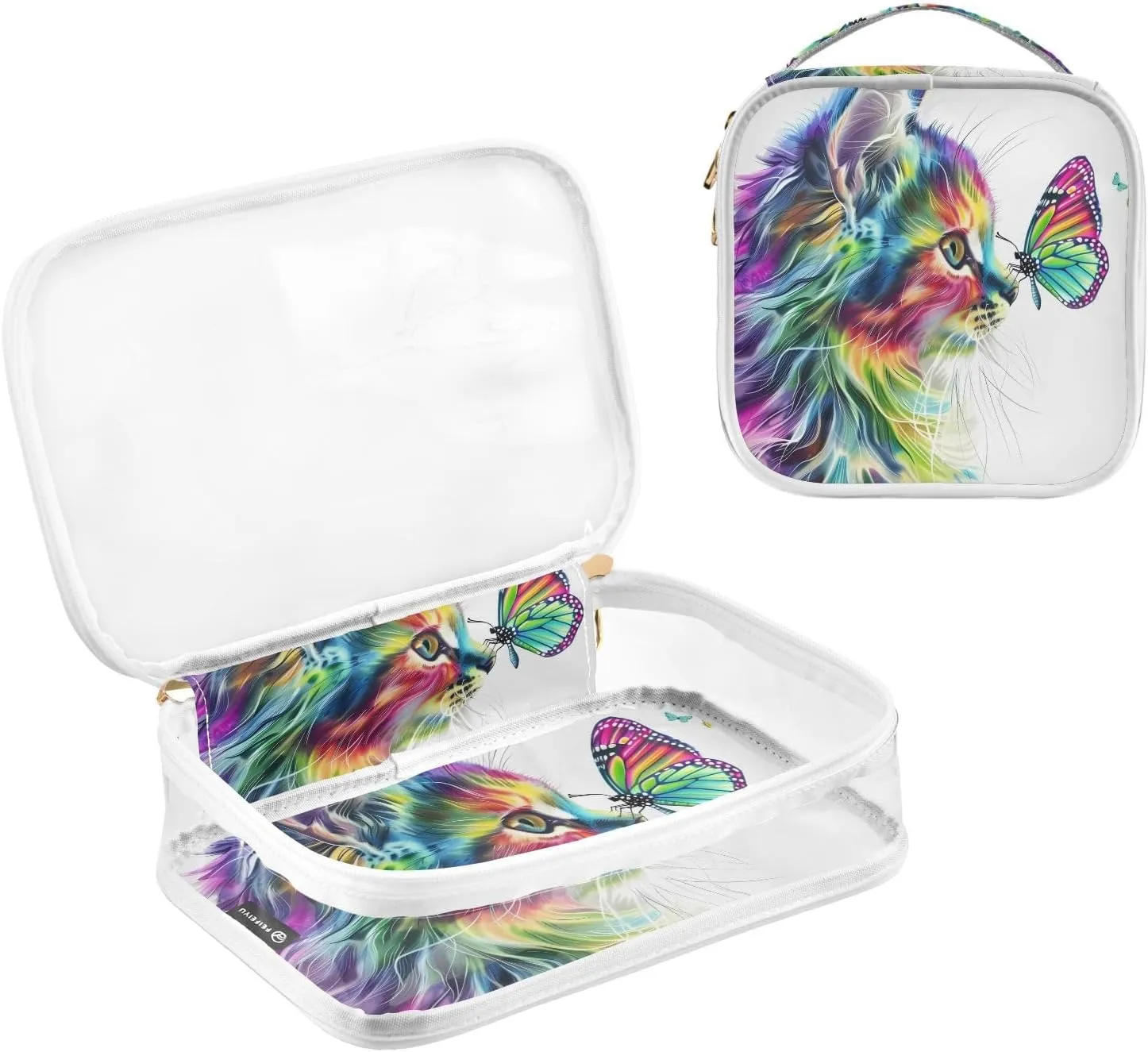 MNSRUU Clear Makeup Bags Cat Of Multiple Colors Staring at Butterfly Toiletry Bag for Women 2 PCS Waterproof Clear Bags Clear Travel Toiletry Bag Small Cosmetic Makeup Bag, Carry on Airport Airline
