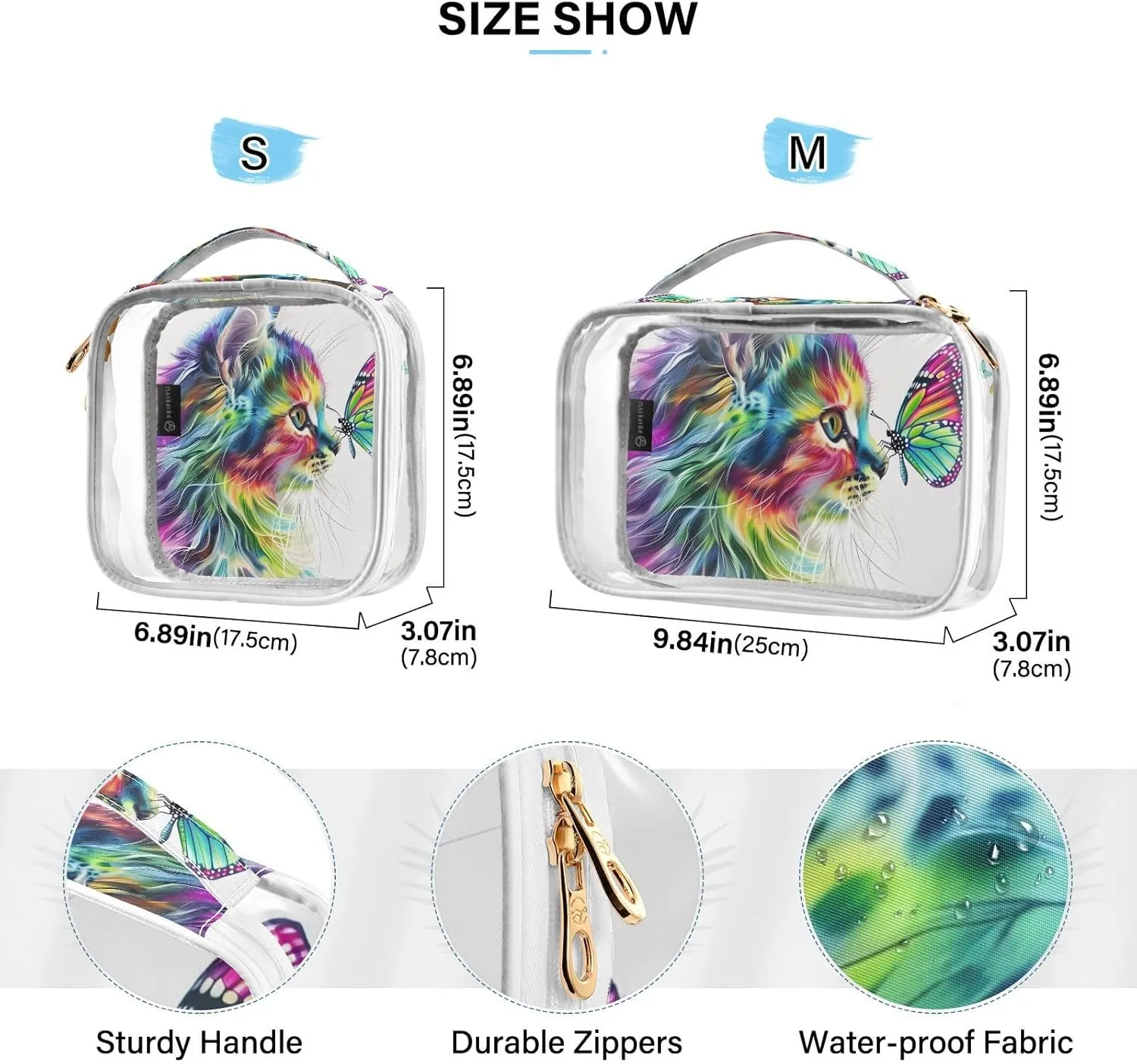 MNSRUU Clear Makeup Bags Cat Of Multiple Colors Staring at Butterfly Toiletry Bag for Women 2 PCS Waterproof Clear Bags Clear Travel Toiletry Bag Small Cosmetic Makeup Bag, Carry on Airport Airline
