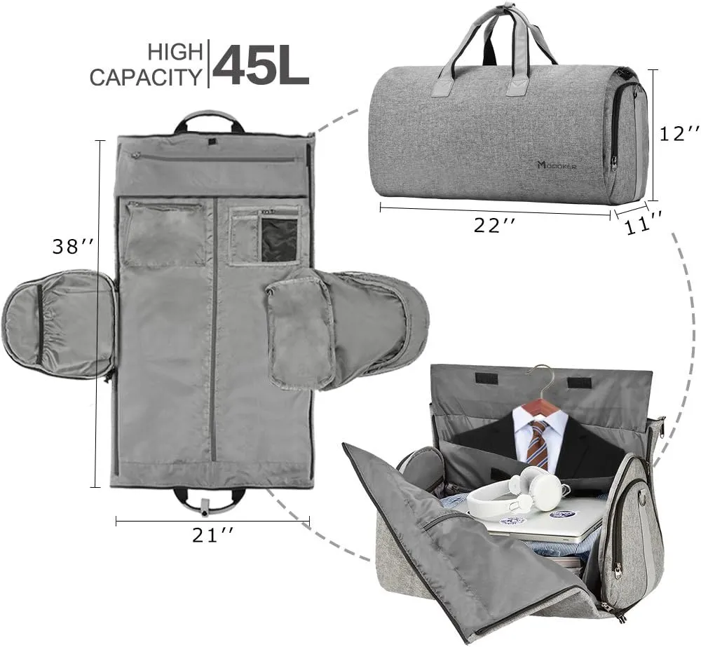 Modoker Convertible Garment Bag with Shoulder Strap, Carry on Garment Duffel Bag for Men Women - 2 in 1 Hanging Suitcase Suit Travel Bags (Grey)