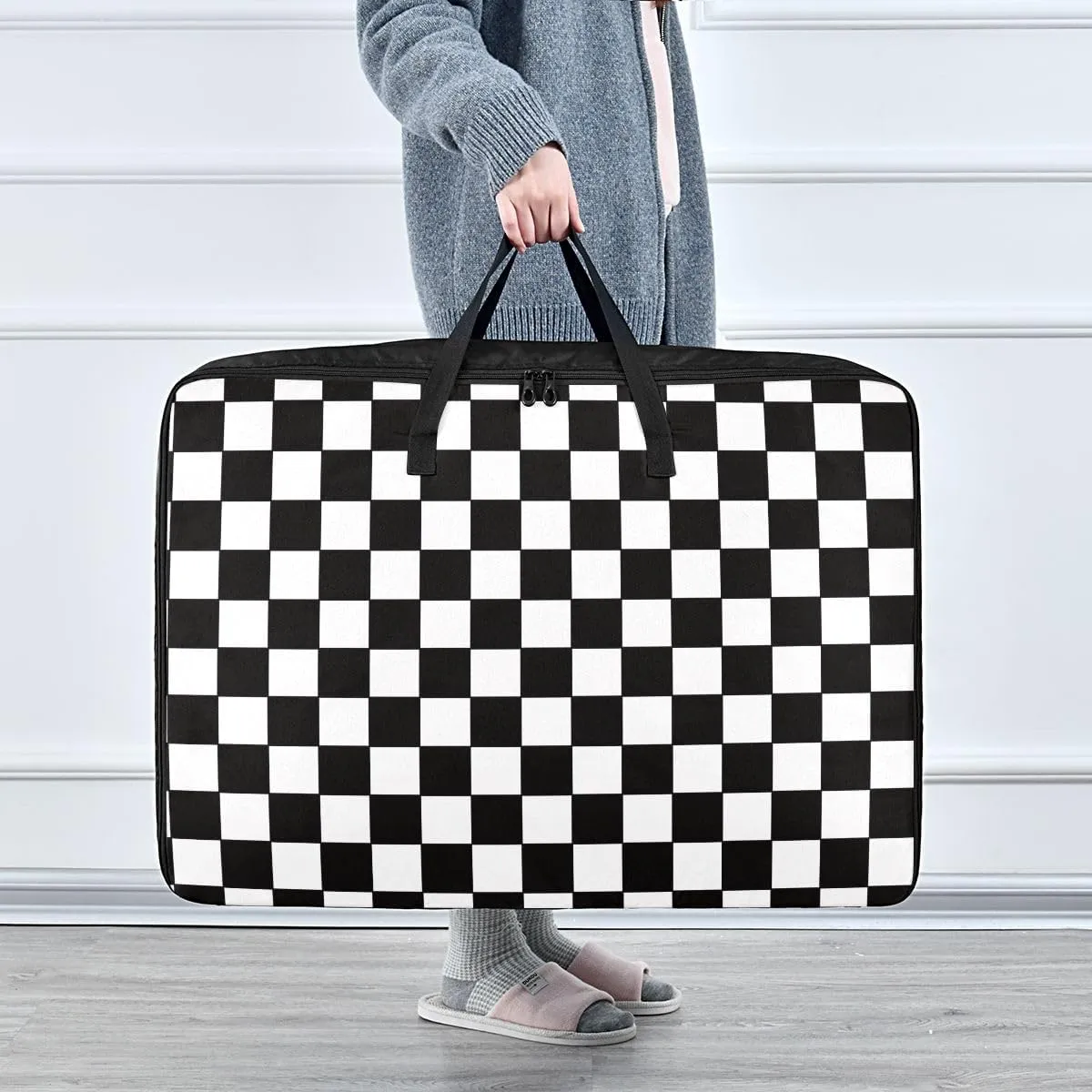Monochrome Geometric Pattern Storage Bag, 27.5x19.7x11 In, Garment Storage Organizer Travel Cargo Duffel Bags Storage Organizer for Clothes, Bedding, Comforter