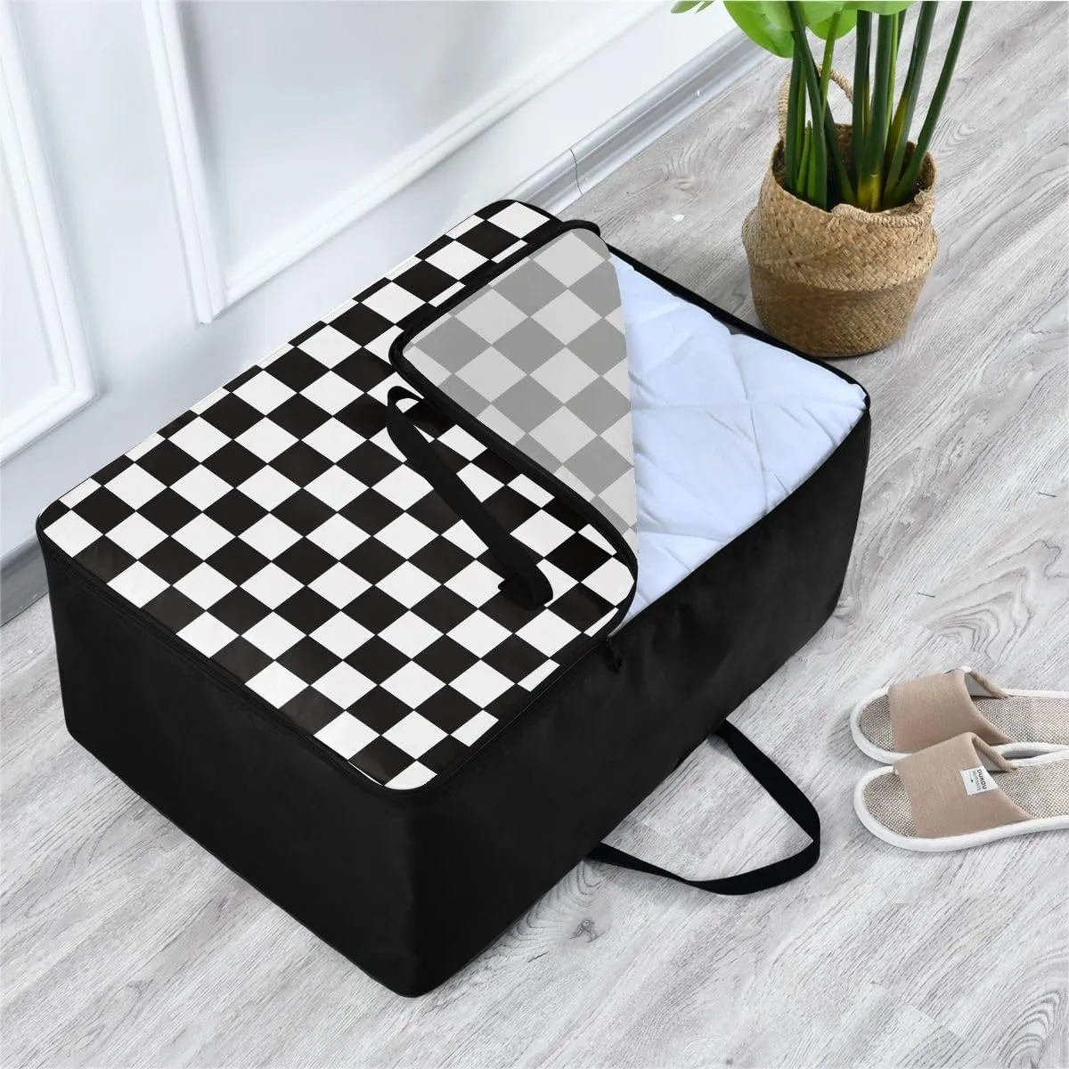 Monochrome Geometric Pattern Storage Bag, 27.5x19.7x11 In, Garment Storage Organizer Travel Cargo Duffel Bags Storage Organizer for Clothes, Bedding, Comforter