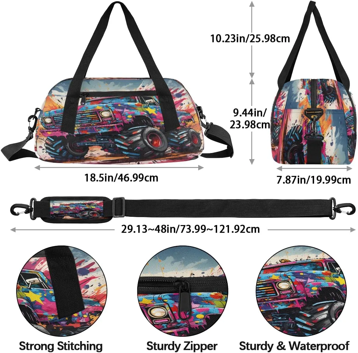 Monster Truck Kids Duffle Bag Boys Girls Small Sport Dance Gym Bag for Overnight Travel Weekender Carry On