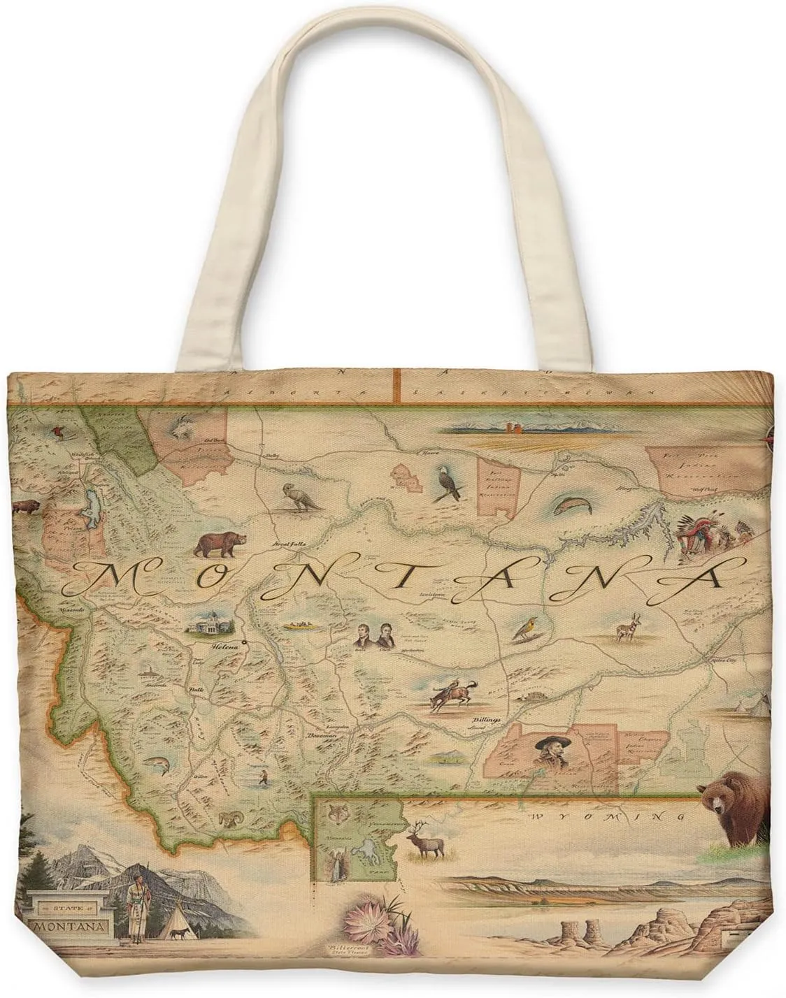 Montana State Map Canvas Tote Bag with Handles, Cloth Grocery Shopping Bag, Reusable & Eco-friendly Bag, 100% Cotton, Washable, 18 wide x 15 tall