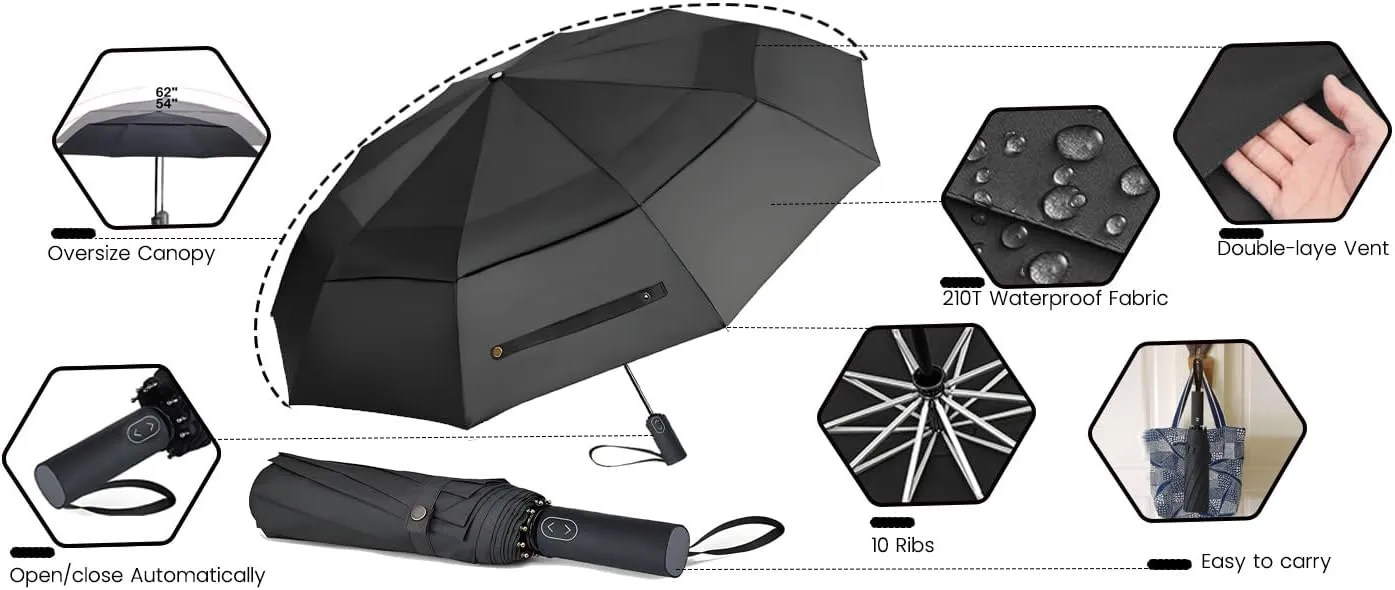 MRTLLOA 49/54/62 Inch Large Folding Golf Umbrella, Oversize Double Canopy Vented 10 Ribs Windproof Compact Travel Umbrellas for Rain