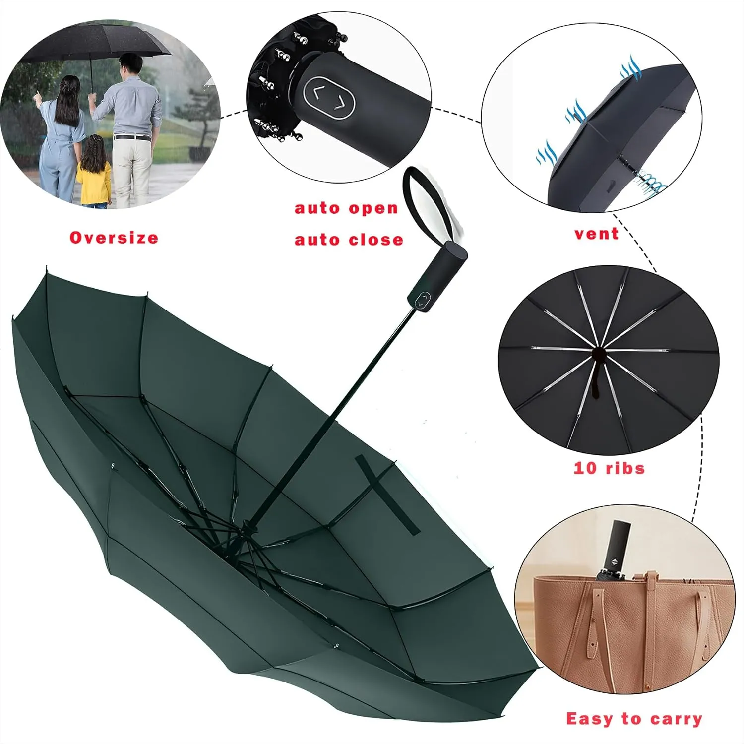 MRTLLOA 49/54/62 Inch Large Folding Golf Umbrella, Oversize Double Canopy Vented 10 Ribs Windproof Compact Travel Umbrellas for Rain