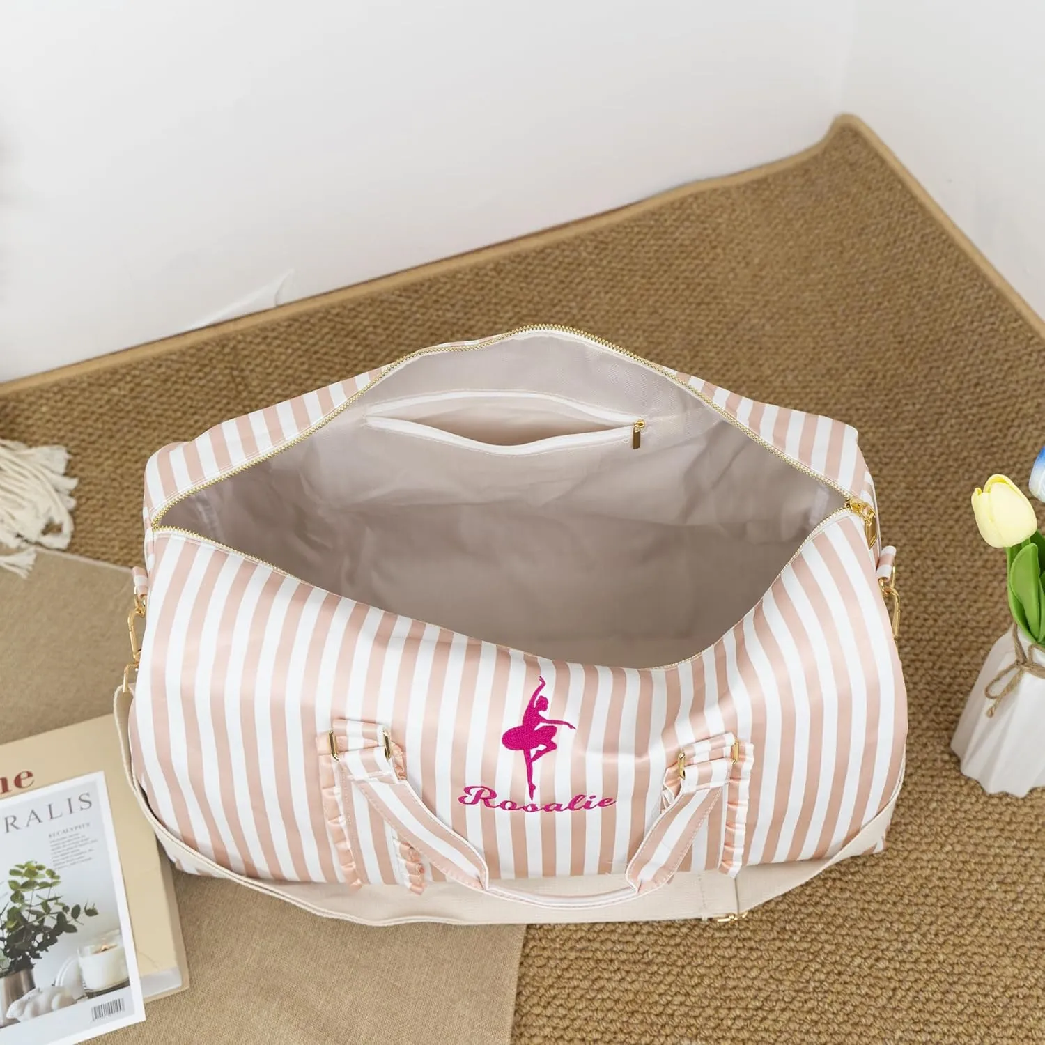 MT WORLD Kids Overnight Bag Personalized Small Travel Duffle Bag for Girls Pink Striped Dance Bag with Name Monogrammed Toddler Overnight Bags Weekender Bag Sports Gym Duffel Bag