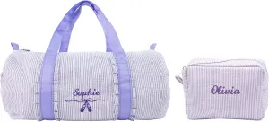 MT WORLD Personalized Girls Duffle Bags with Cosmetic Bag, Seersucker Travel Duffle Set with Name for Weekender Overnight Gym - Custom Child Gifts for Birthday Baby Shower Summer Trips (Purple)