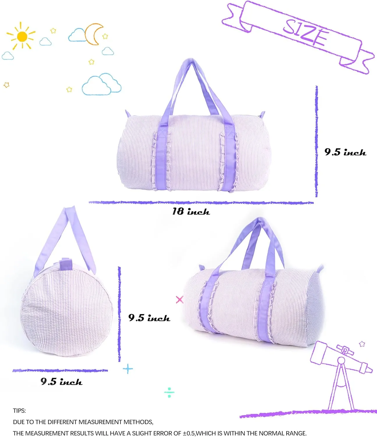 MT WORLD Personalized Girls Duffle Bags with Cosmetic Bag, Seersucker Travel Duffle Set with Name for Weekender Overnight Gym - Custom Child Gifts for Birthday Baby Shower Summer Trips (Purple)
