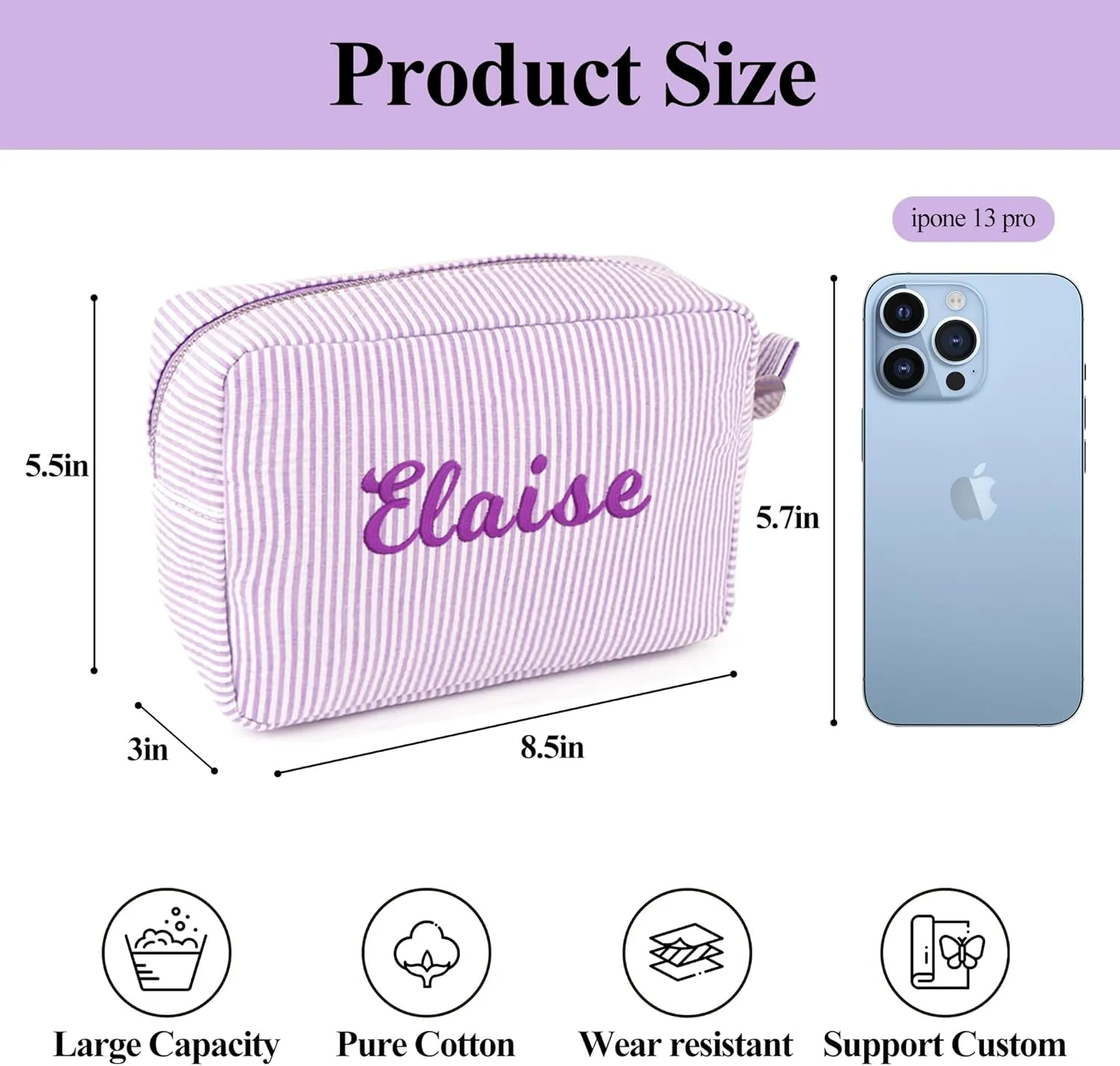 MT WORLD Personalized Girls Duffle Bags with Cosmetic Bag, Seersucker Travel Duffle Set with Name for Weekender Overnight Gym - Custom Child Gifts for Birthday Baby Shower Summer Trips (Purple)