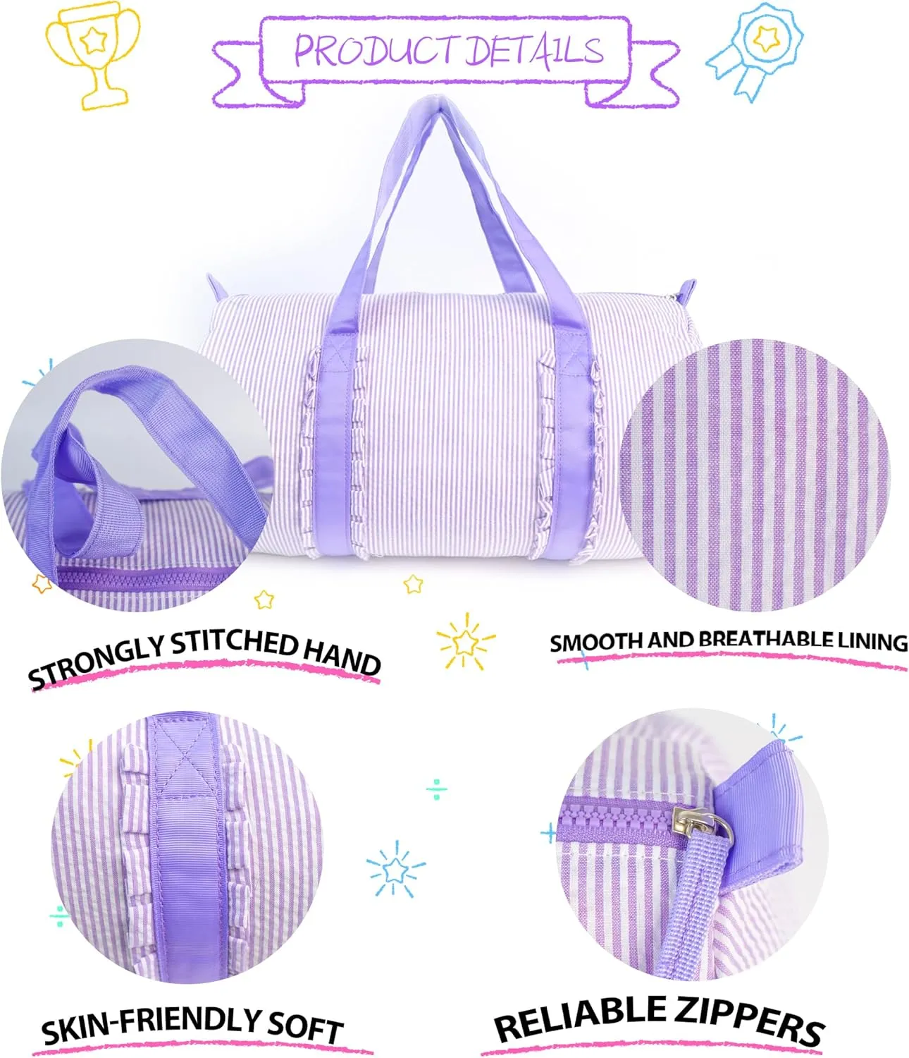 MT WORLD Personalized Girls Duffle Bags with Cosmetic Bag, Seersucker Travel Duffle Set with Name for Weekender Overnight Gym - Custom Child Gifts for Birthday Baby Shower Summer Trips (Purple)