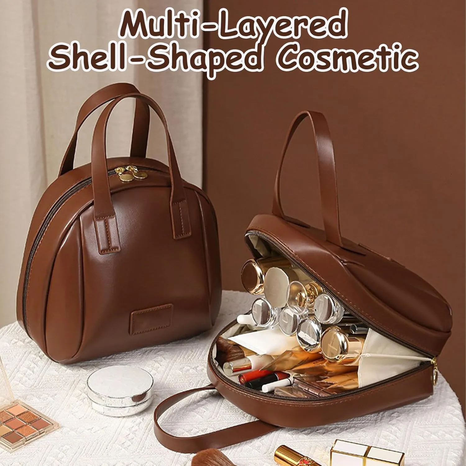 Multi-Layered Shell-Shaped Cosmetic Bag, 2025 Portable PU Leather Waterproof Handbag Style Cosmetic Pouch, Makeup Bag with Compartments (Black)