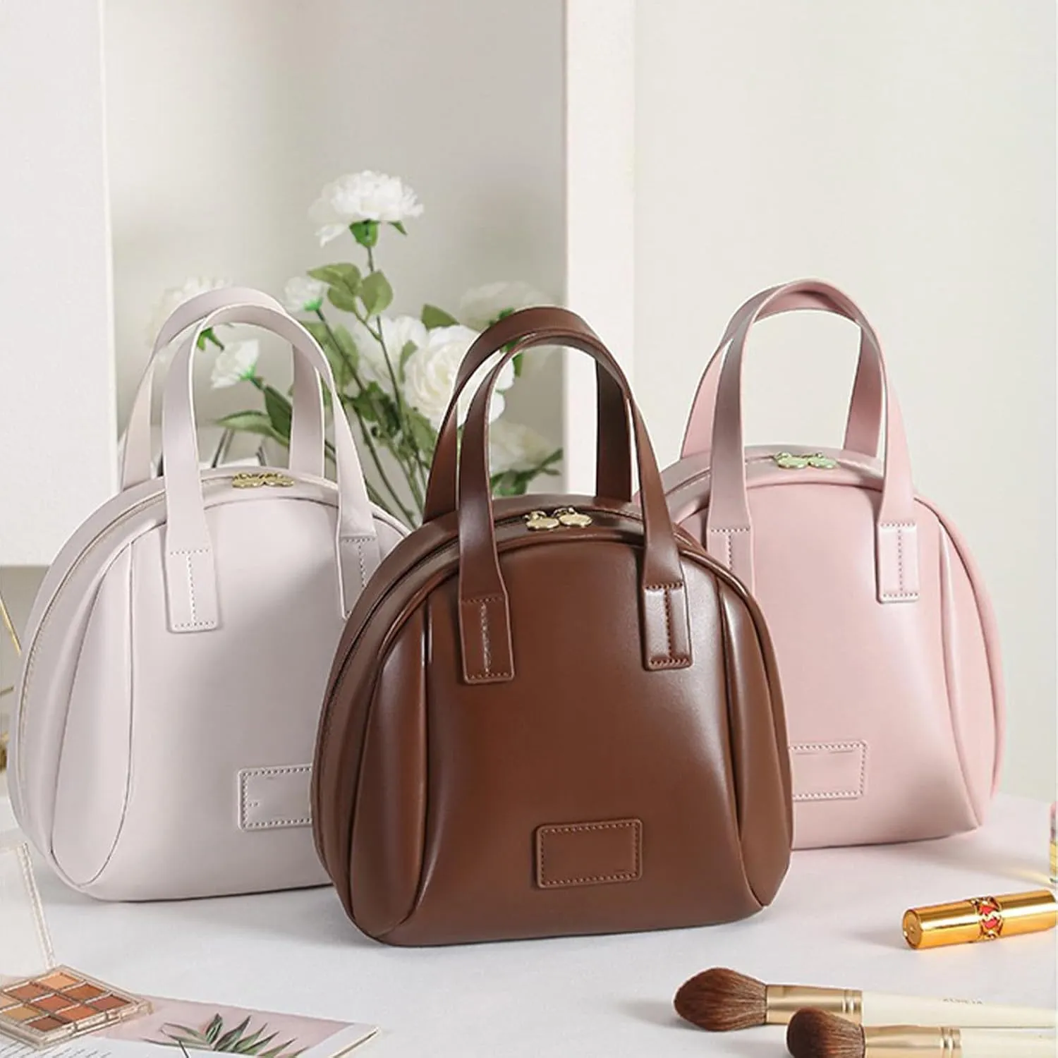 Multi-Layered Shell-Shaped Cosmetic Bag, 2025 Portable PU Leather Waterproof Handbag Style Cosmetic Pouch, Makeup Bag with Compartments (Brown)