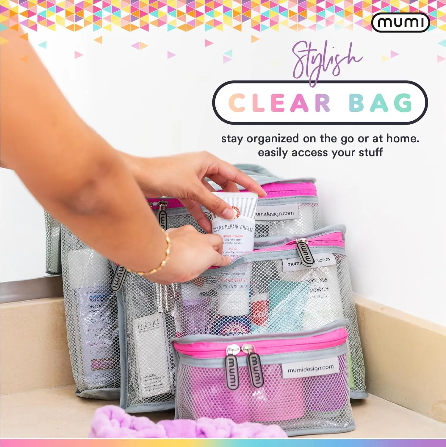 MUMI Travel Toiletry Bag Set of 3 – Water-Resistant Toiletry Bags for Women & Men – Clear Bags for Toiletries, Skincare, Makeup & Travel Essentials – Lightweight, Durable & Portable Organizer - Black