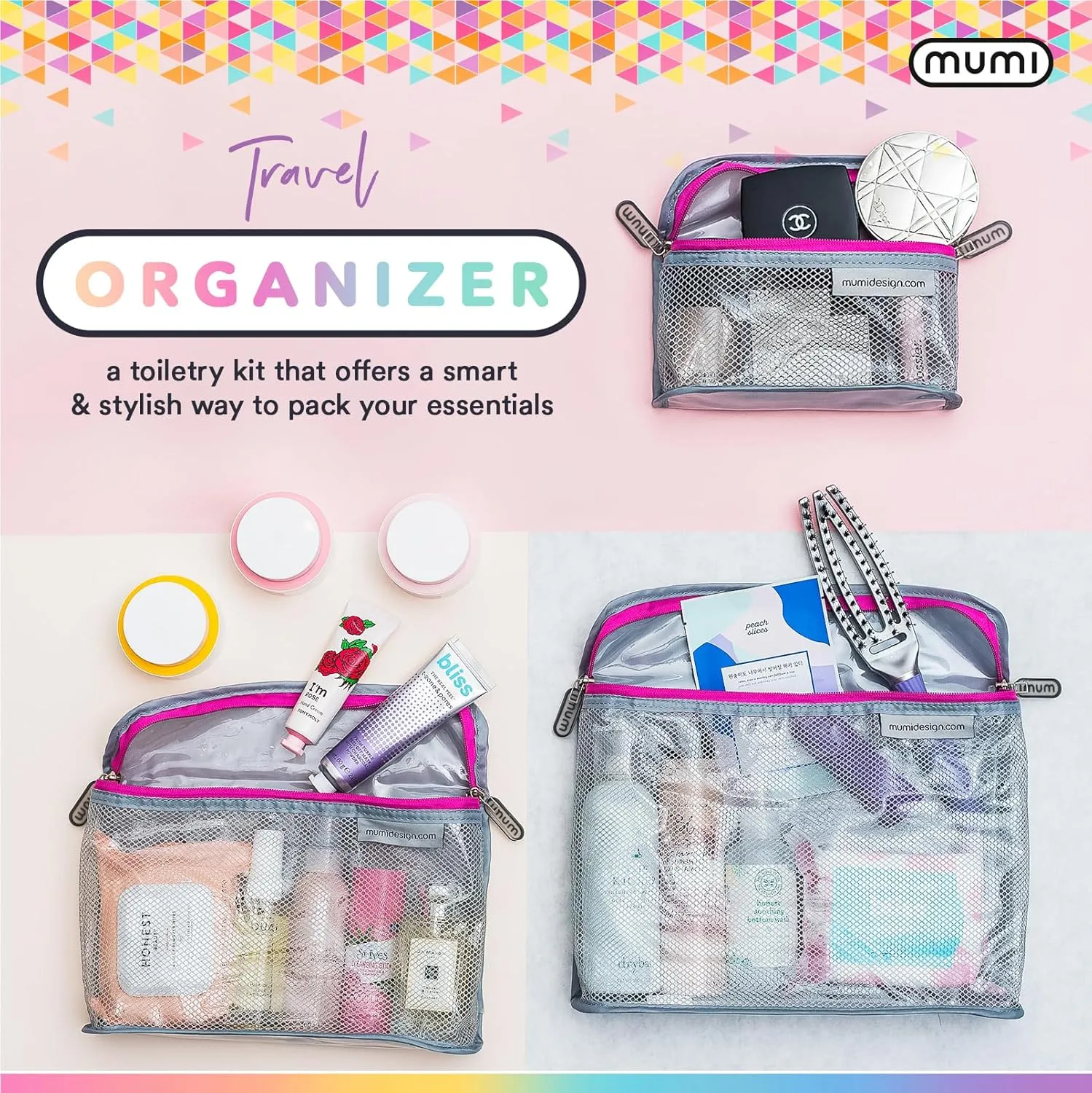 MUMI Travel Toiletry Bag Set of 3 – Water-Resistant Toiletry Bags for Women & Men – Clear Bags for Toiletries, Skincare, Makeup & Travel Essentials – Lightweight, Durable & Portable Organizer - Black
