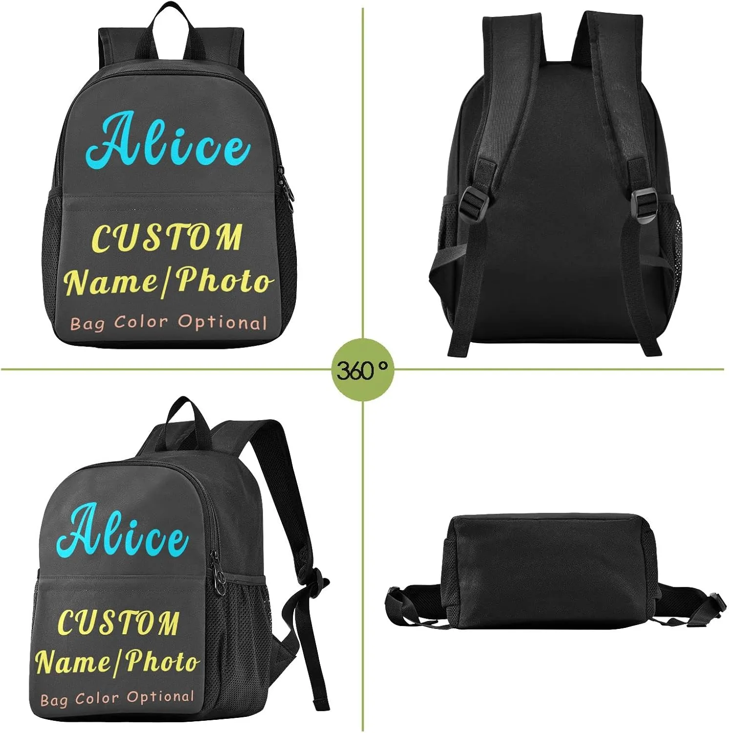 Naanle Custom Kid Backpack with Name Photo Personalized Backpacks Boys Girls Baby Rucksack for Preschool, Solid Color