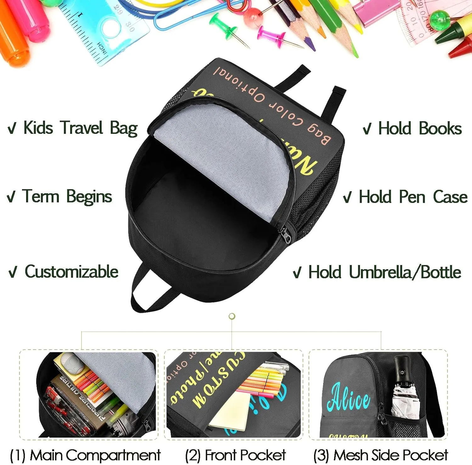 Naanle Custom Kid Backpack with Name Photo Personalized Backpacks Boys Girls Baby Rucksack for Preschool, Solid Color