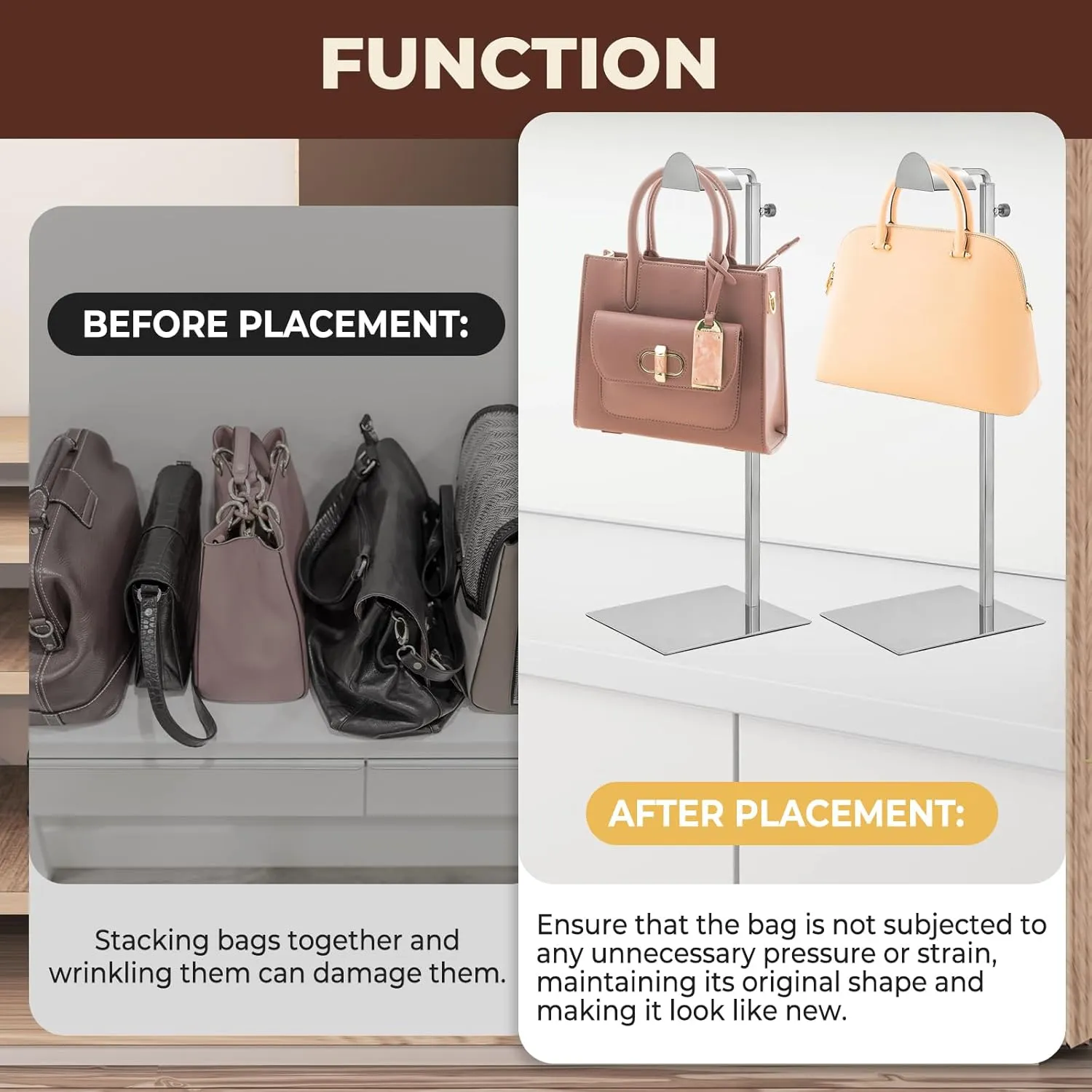 NATGAI 3 Pack Adjustable Height Purse Display Stand, Stainless Steel Handbag Display Holder with Silver Finish, Heavy-Duty Hook Rack for Bags, Purses, and Jewelry (3 Pack)