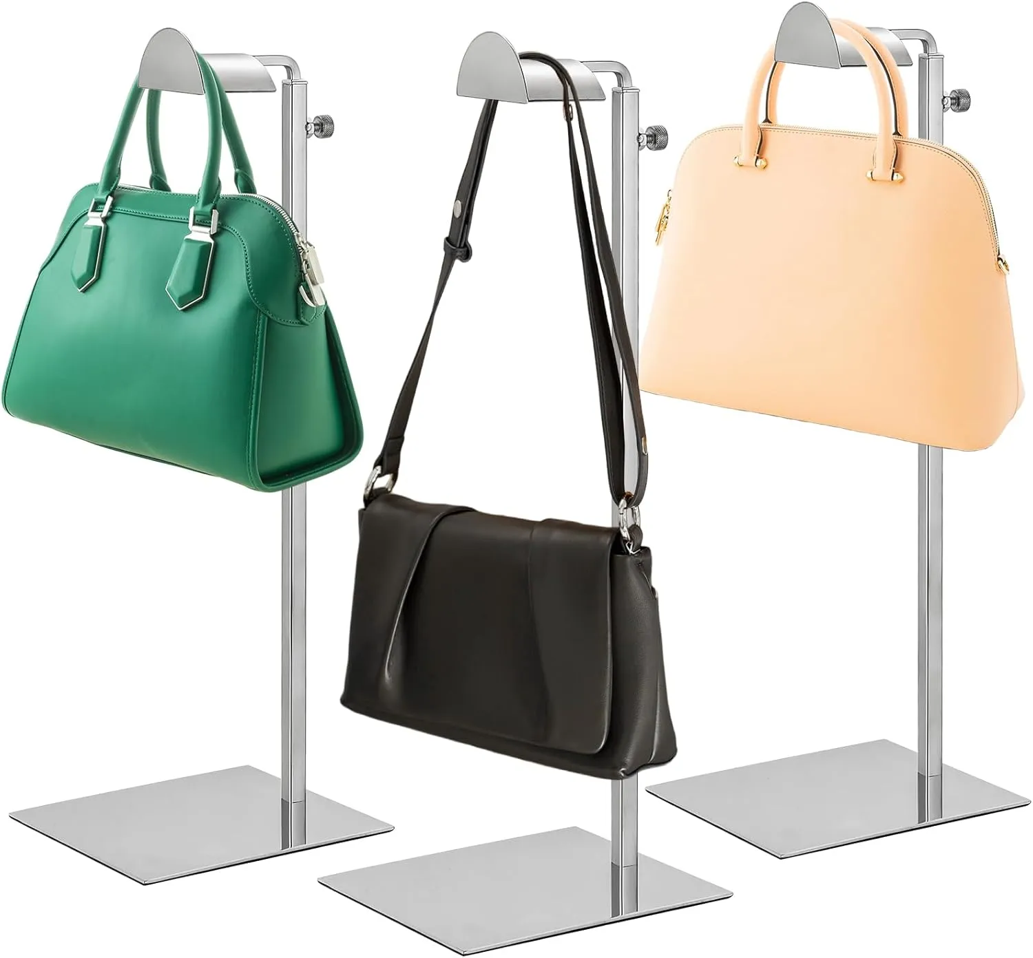 NATGAI 3 Pack Adjustable Height Purse Display Stand, Stainless Steel Handbag Display Holder with Silver Finish, Heavy-Duty Hook Rack for Bags, Purses, and Jewelry (3 Pack)