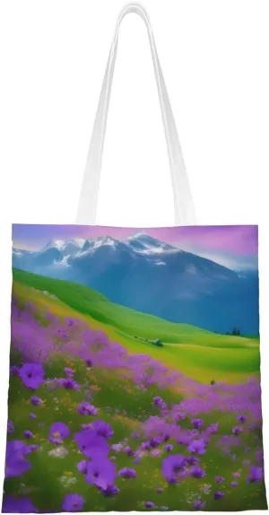 Nature Purple Flowers Meadow Mountain Scenic Print Canvas Tote Bag Reusable Shoulder Shopping Bags For Daily Use Shopping Travel