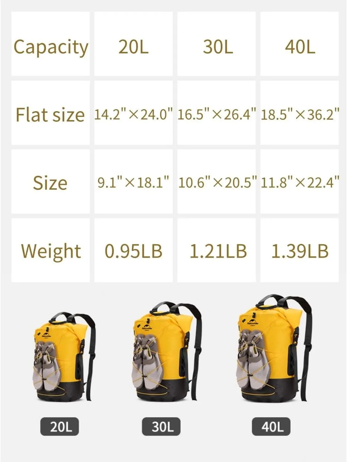Naturehike Waterproof Backpack For Men, Hiking Backpack Waterproof Outdoor Day Pack, Lightweight Camping Travel 20L/30L/40L (Khaki, 40)
