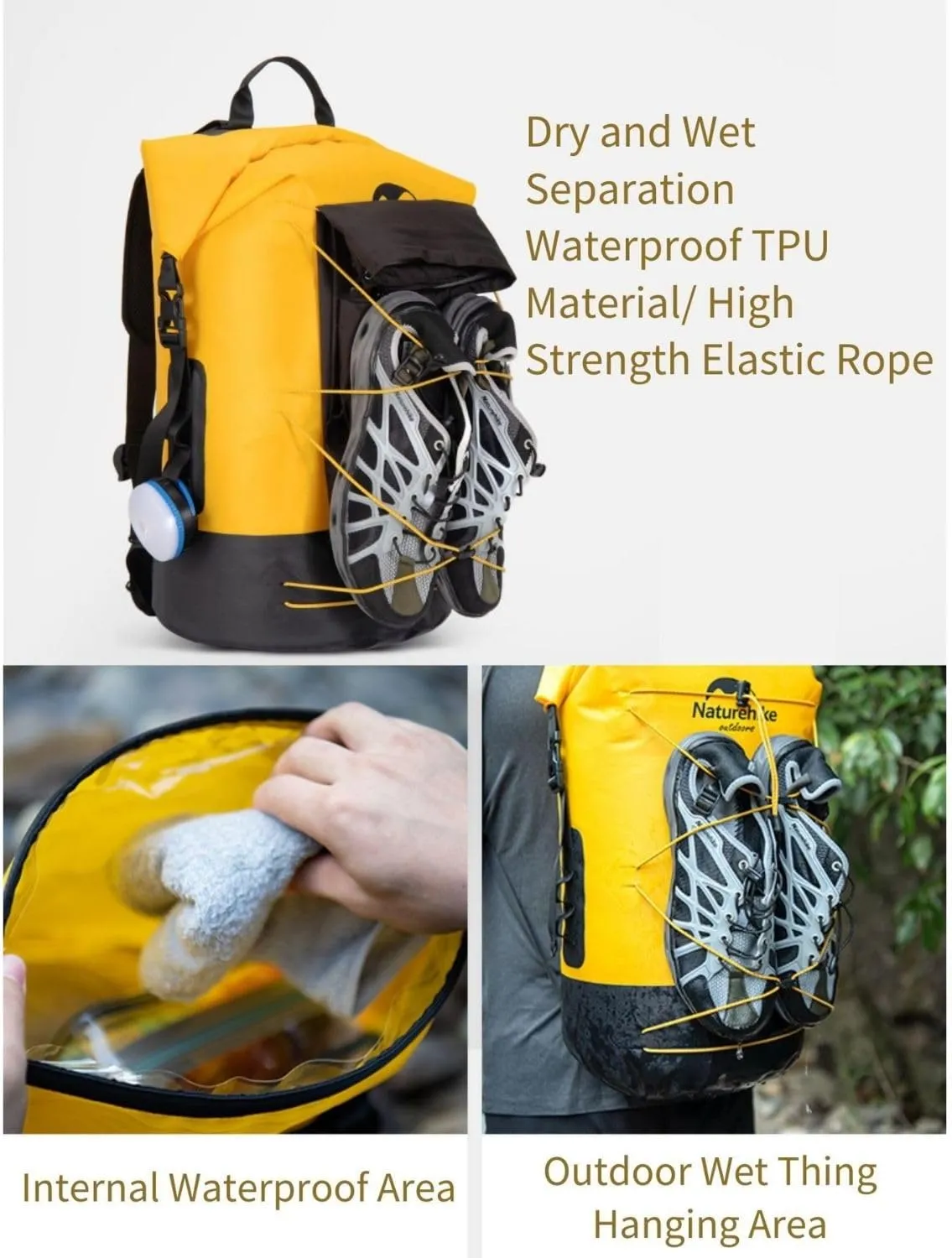 Naturehike Waterproof Backpack For Men, Hiking Backpack Waterproof Outdoor Day Pack, Lightweight Camping Travel 20L/30L/40L (Khaki, 40)
