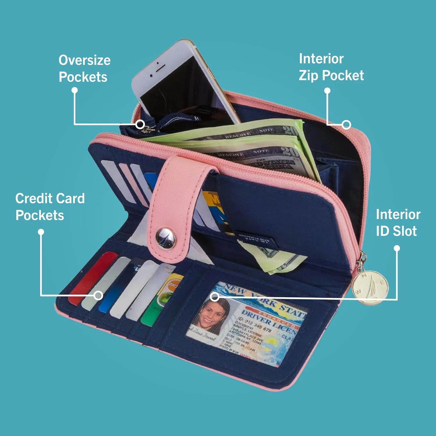 Nautica Be Shore Zip Around Wallet for Women RFID Vegan Leather Clutch, Bifold Organizer with Phone Holder, Card Slots, and Checkbook Pocket, Marine