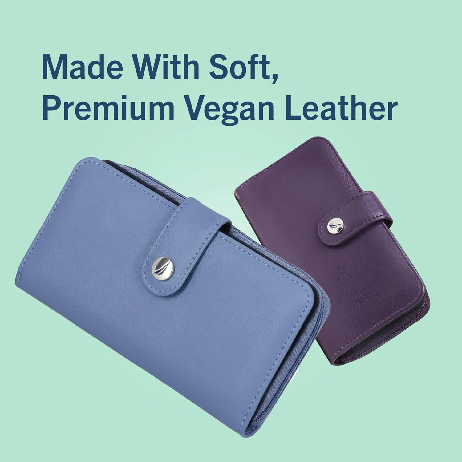 Nautica Be Shore Zip Around Wallet for Women RFID Vegan Leather Clutch, Bifold Organizer with Phone Holder, Card Slots, and Checkbook Pocket, Marine